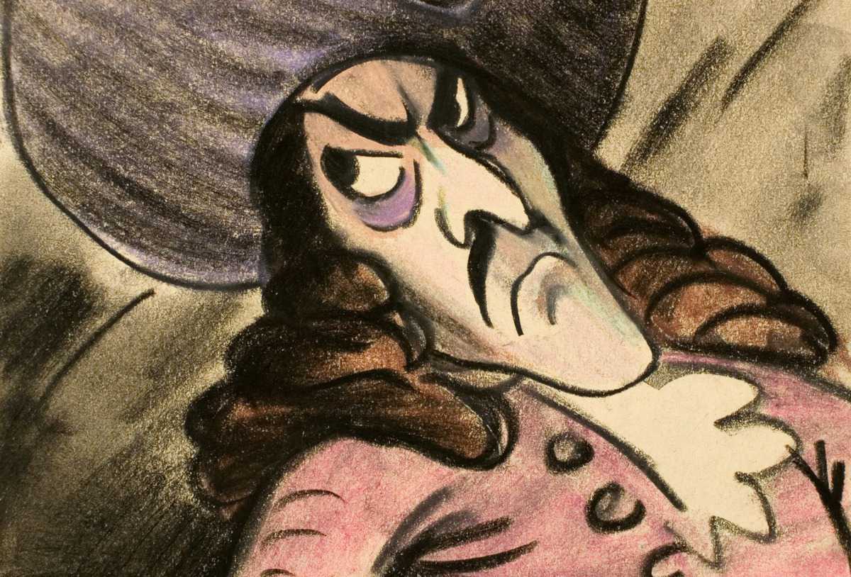 Artistic illustration of a brooding character with prominent features wearing a wide-brimmed hat and a ruffled collar, reminiscent of the Disney Animation Research Library's style.