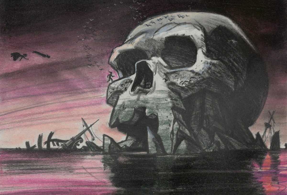 A drawing of a large skull on a shoreline at dusk with a purple and pink sky and silhouetted structures in the background, inspired by the Disney Animation Research Library.