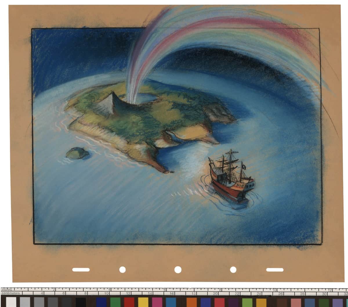 An illustration from the Disney Animation Research Library depicting a sailing ship near an island with a rainbow overhead, framed with a color calibration strip at the bottom.