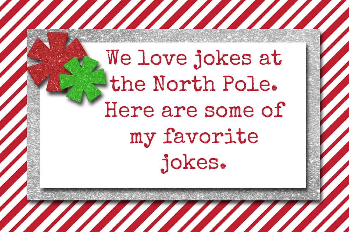 Festive-themed elf on the shelf printables, free message card with a statement about loving jokes at the north pole, accompanied by decorative bows.