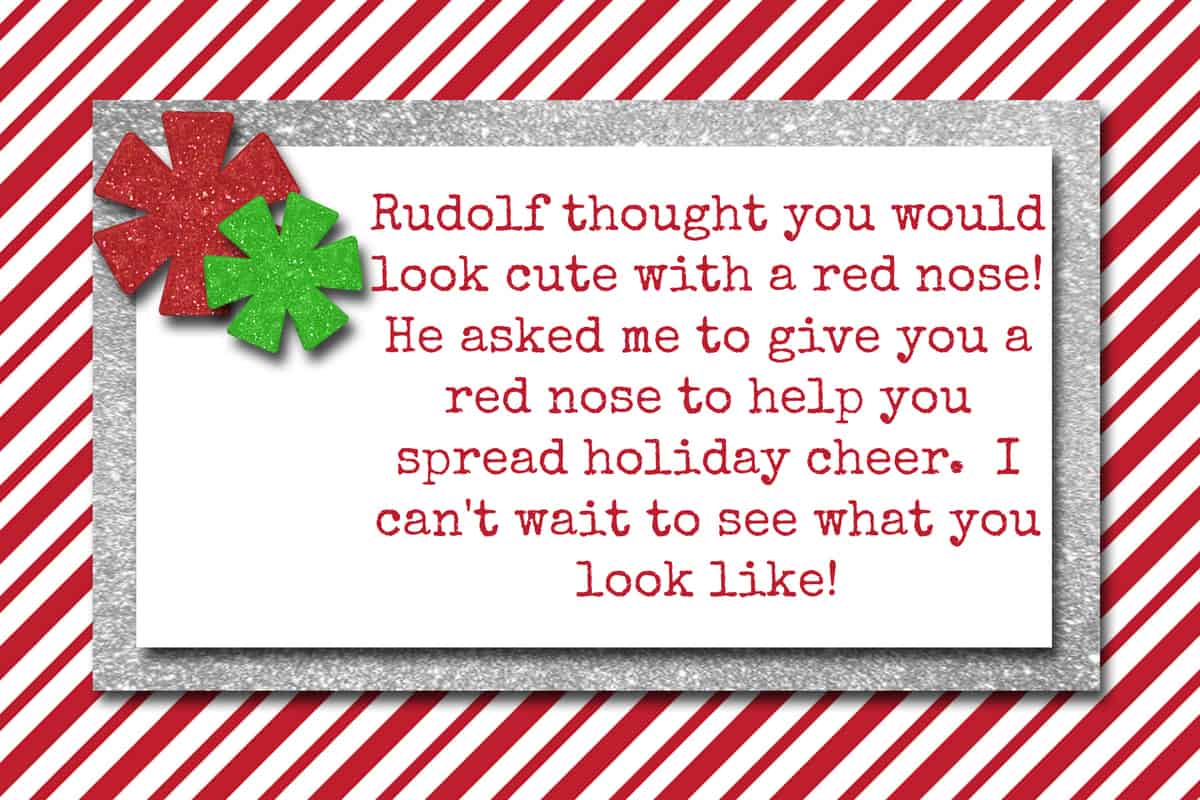 A festive holiday card with a message about spreading cheer with an elf on the shelf, accompanied by a red and green bow decoration.