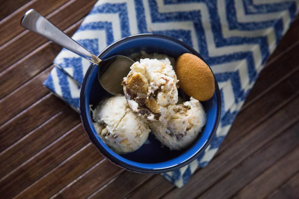 Indulgent no-churn banana cream pie ice cream showcased in a navy bowl with white dots