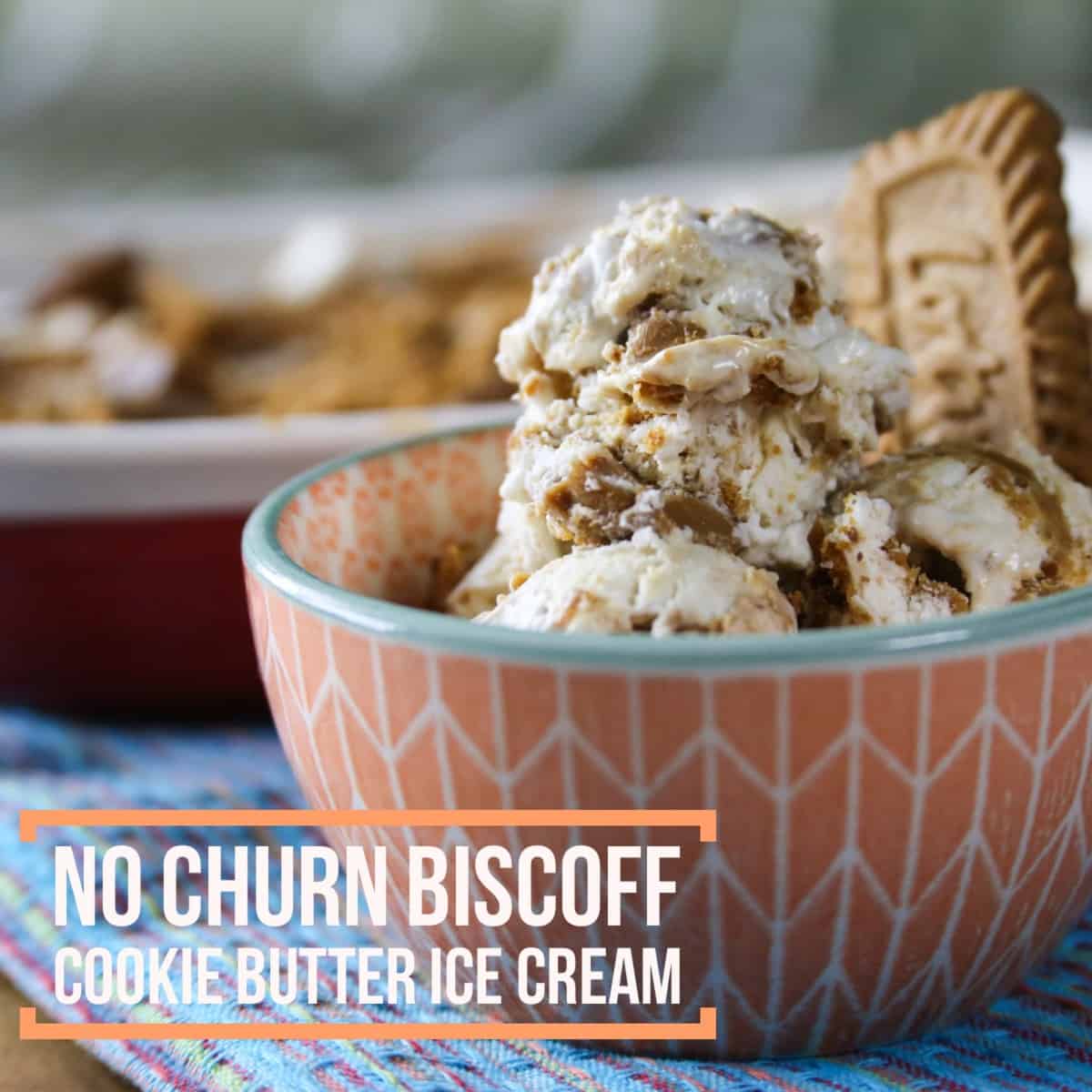 Bowl of easy no-churn biscoff cookie butter ice cream with a biscuit on the side.