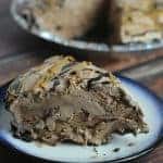 A piece of chocolate cake on a plate, with Ice