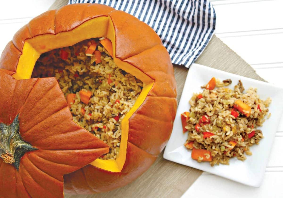 A tray of food on a table, with Pumpkin and Six Sisters' Stuff