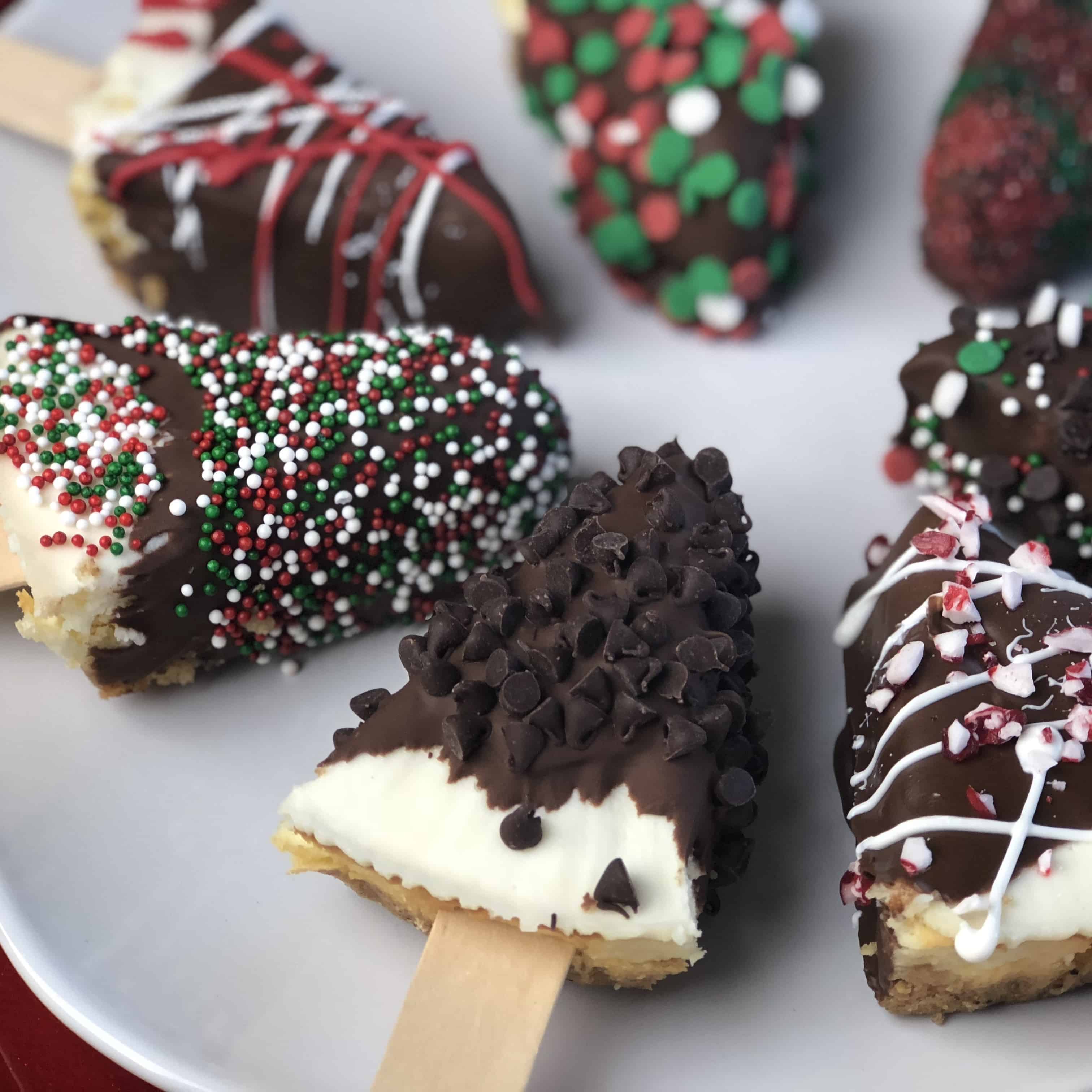 A piece of chocolate cake on a plate, with Cheesecake and Chocolate chip