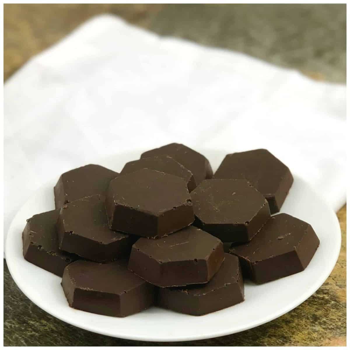 A close up of a plate covered with chocolate