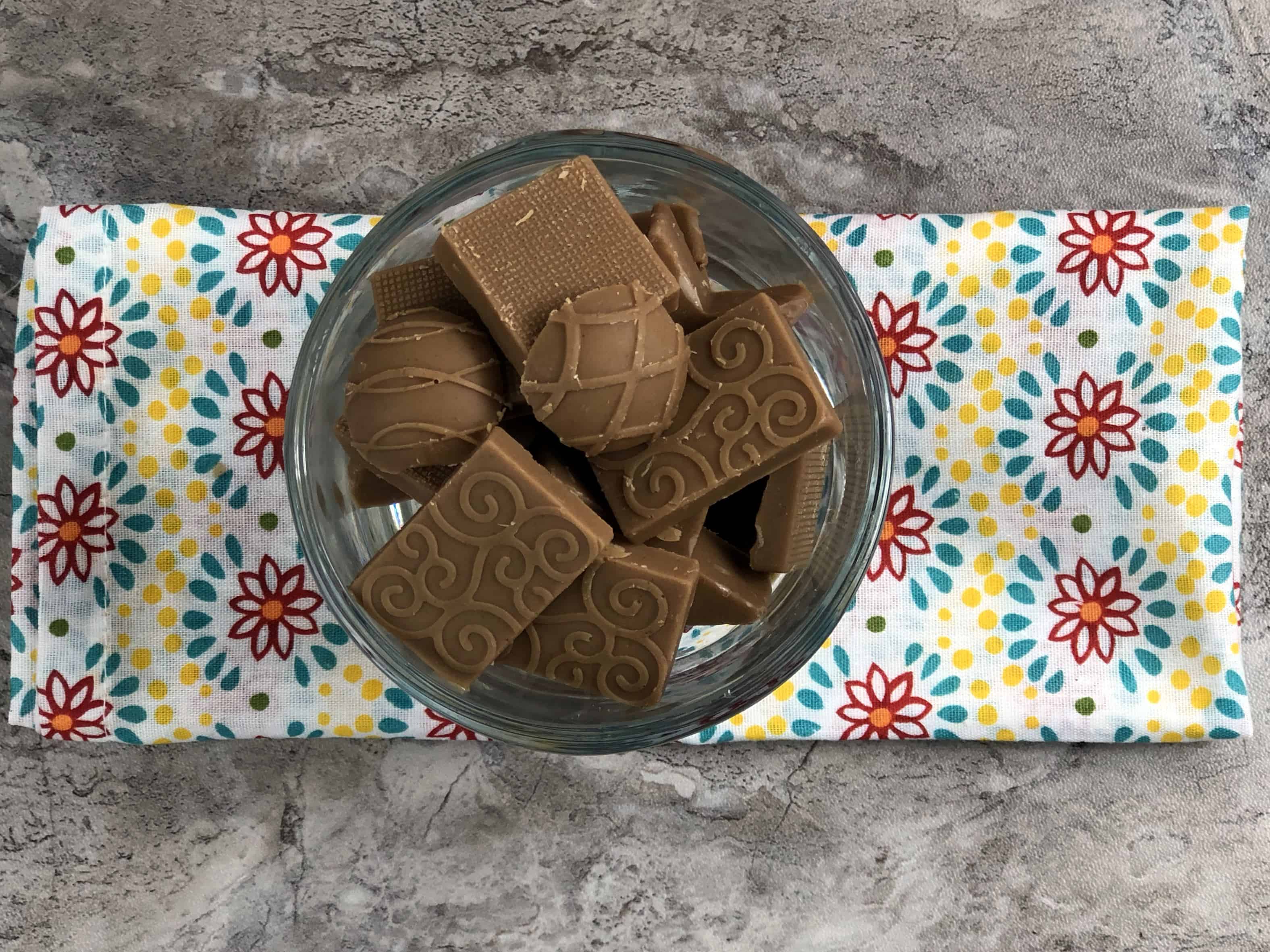 A close up of a chocolate in a bowl