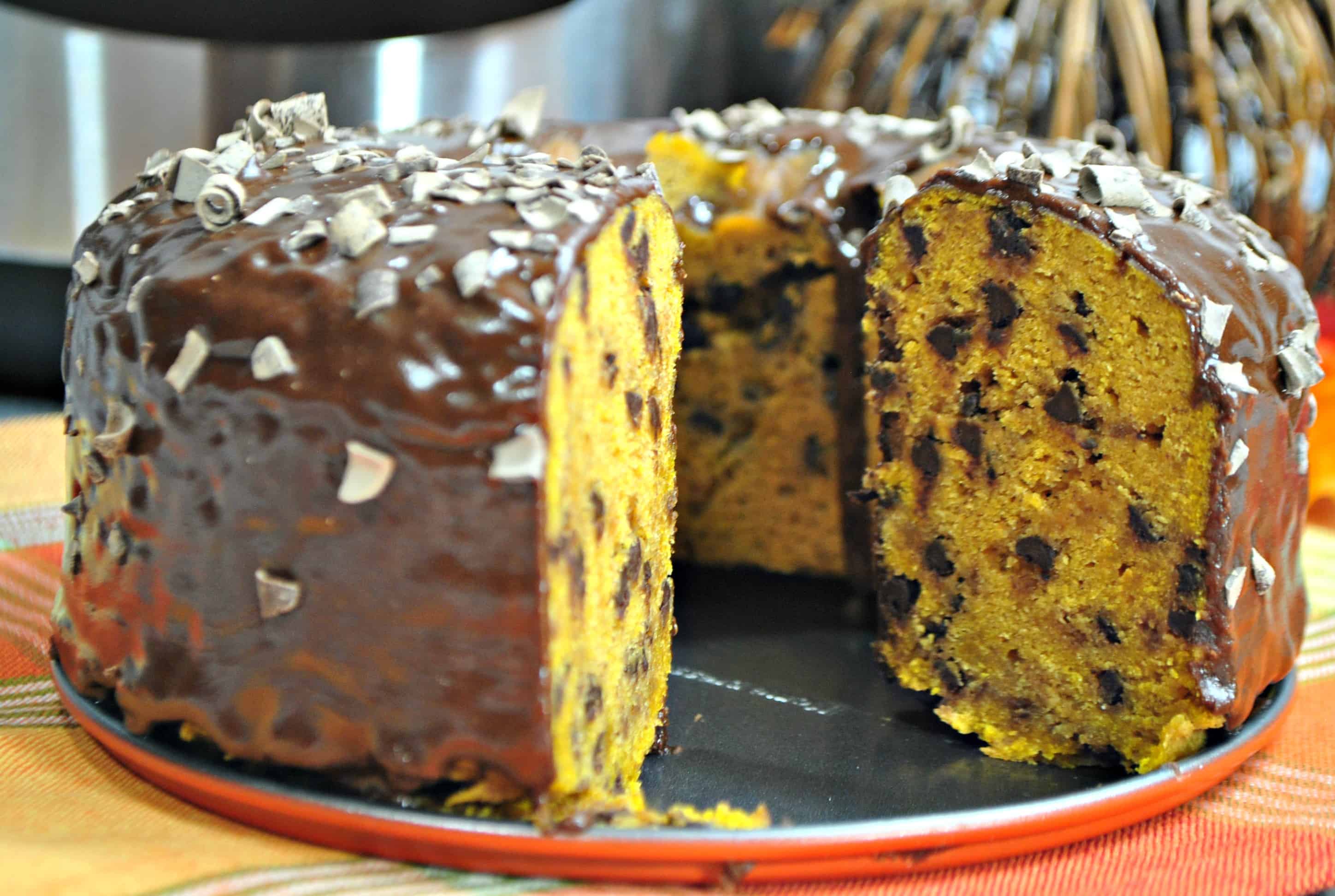 A close up of a piece of chocolate cake on a plate, with Pumpkin and Chocolate chip
