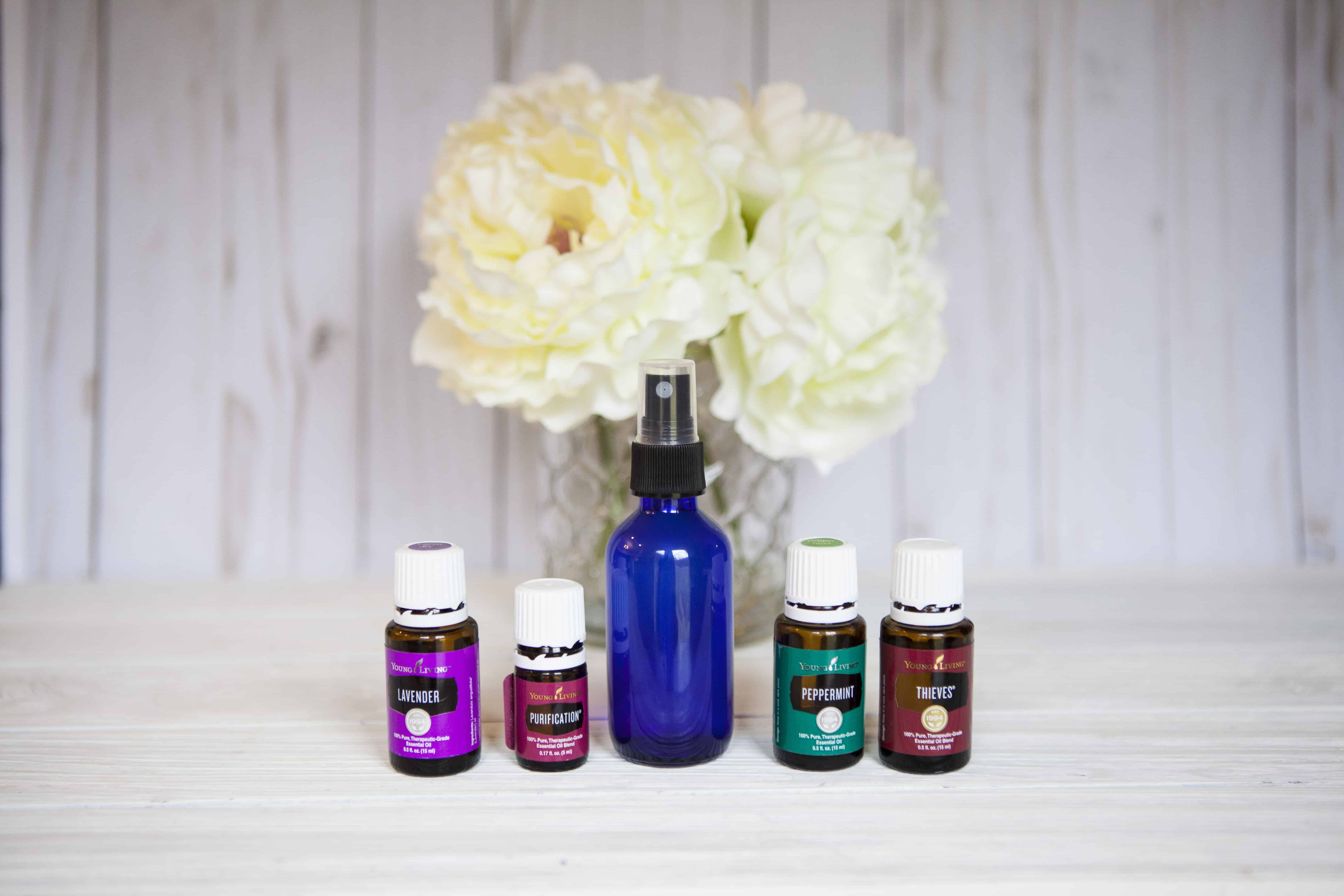 A bottle of essential oils on a table