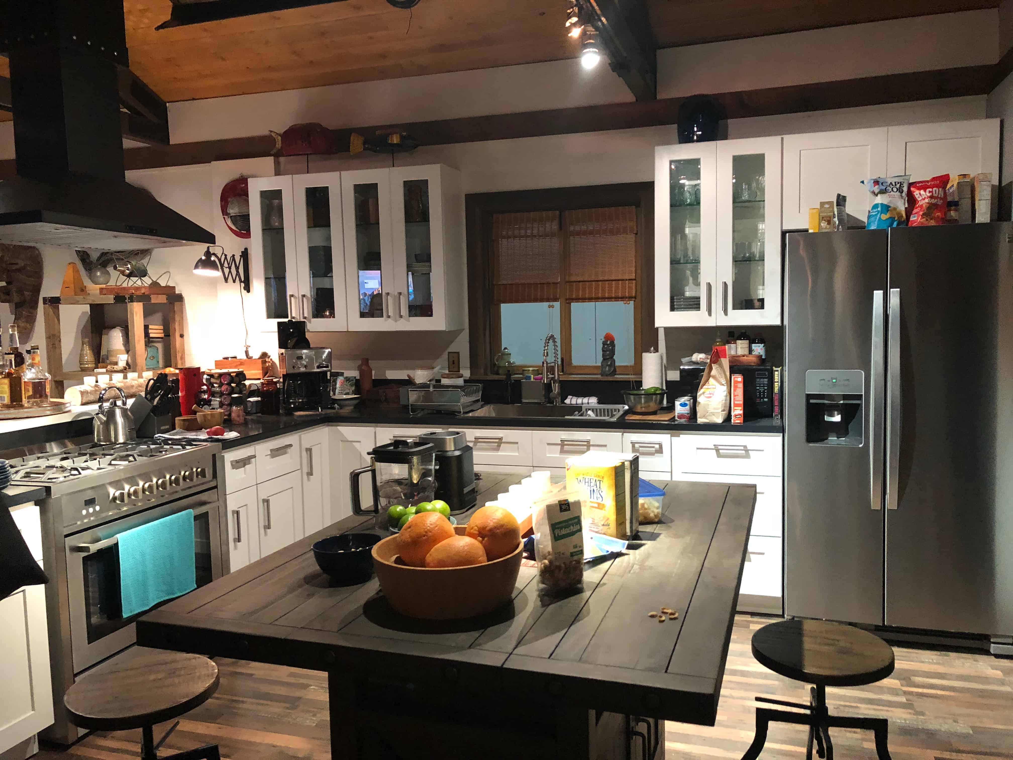 A kitchen with a dining table