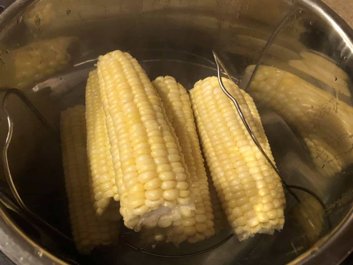 A close up of a metal pan filled with food, with Corn on the cob