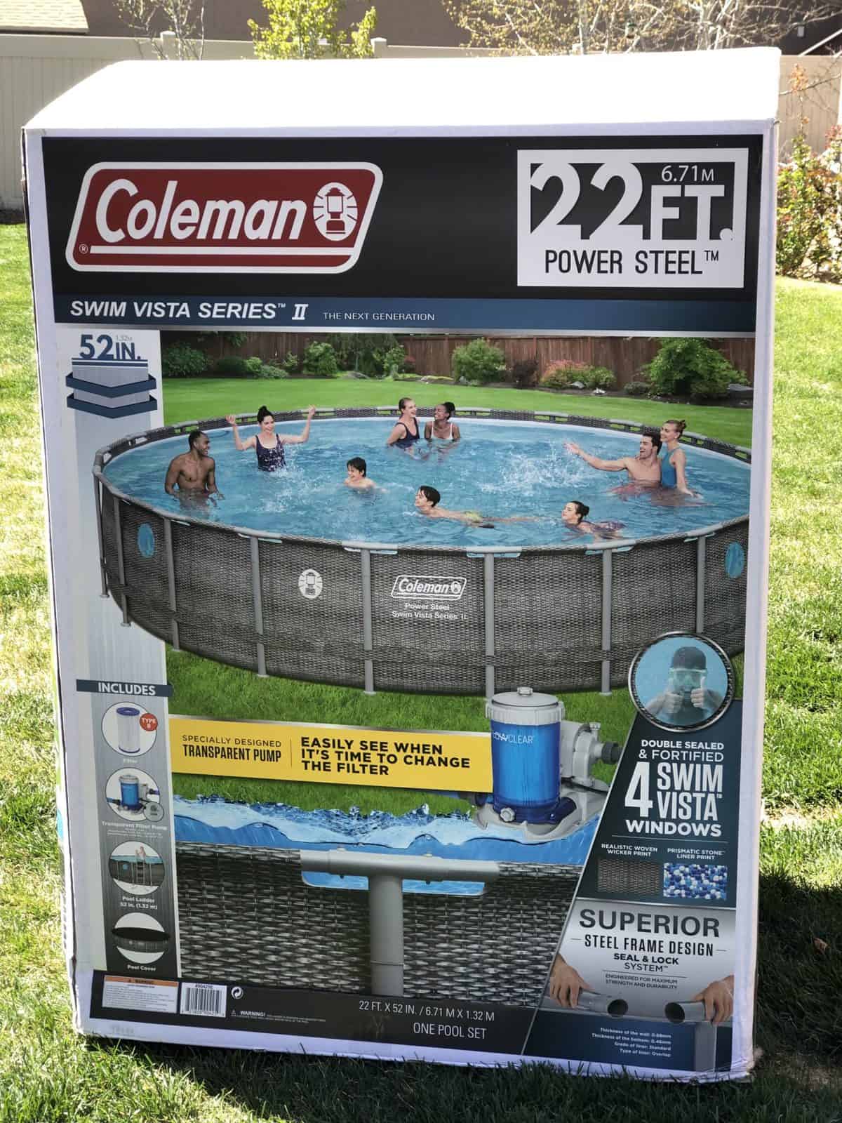Packaging for a coleman swim vista series ii above-ground pool with transparent portholes and a filter pump.