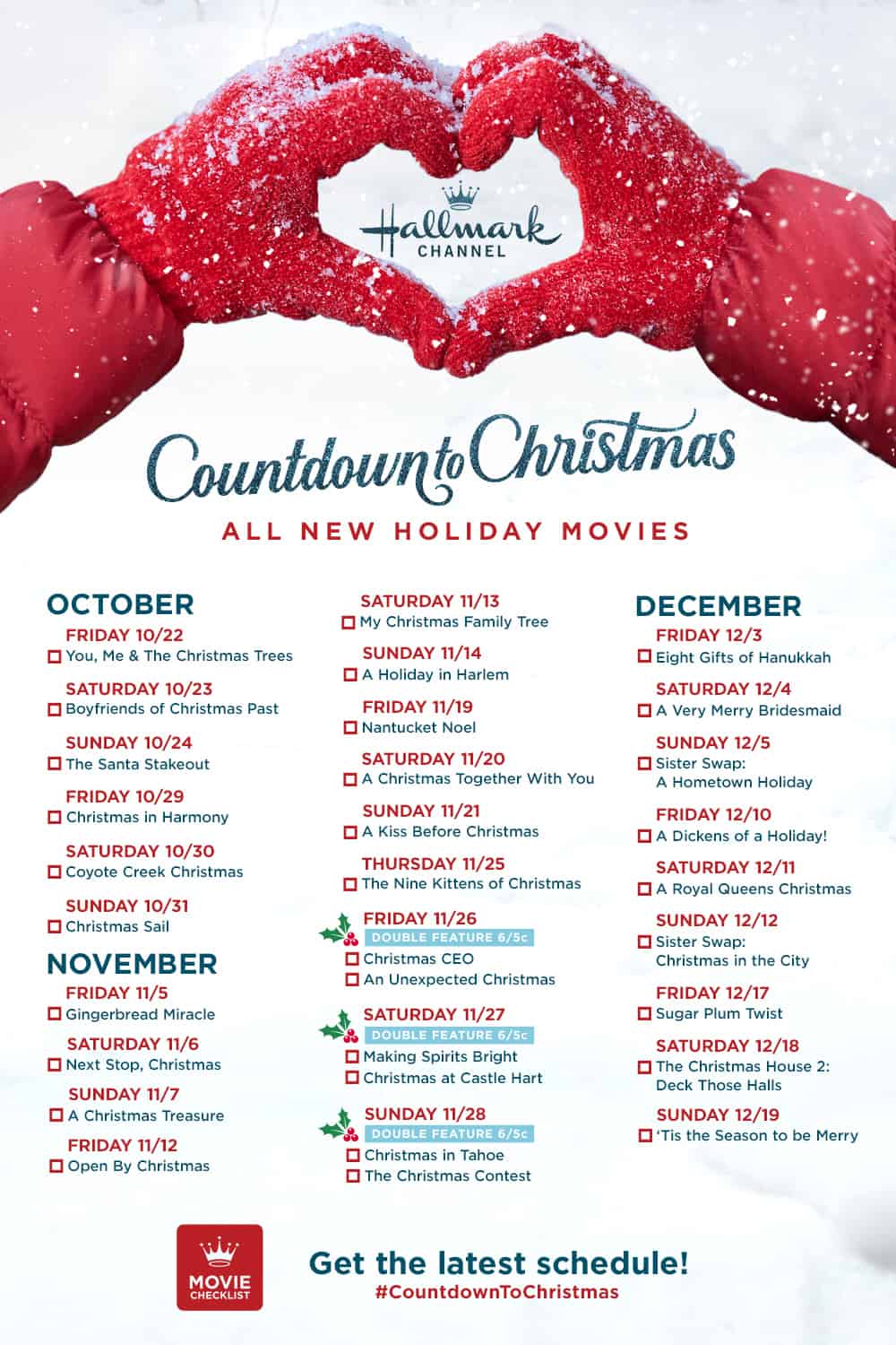 A promotional poster for Hallmark Channel's "Countdown to Christmas" featuring a schedule of holiday movie premieres, including "Sister Swap: A Hometown Holiday.
