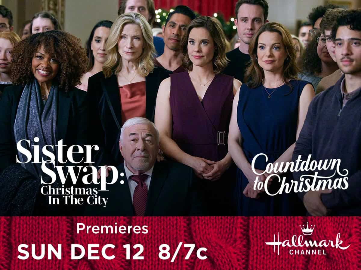 Promotional poster for the "Sister Swap: Christmas in the City" Hallmark Channel movie with a premiere date and time.