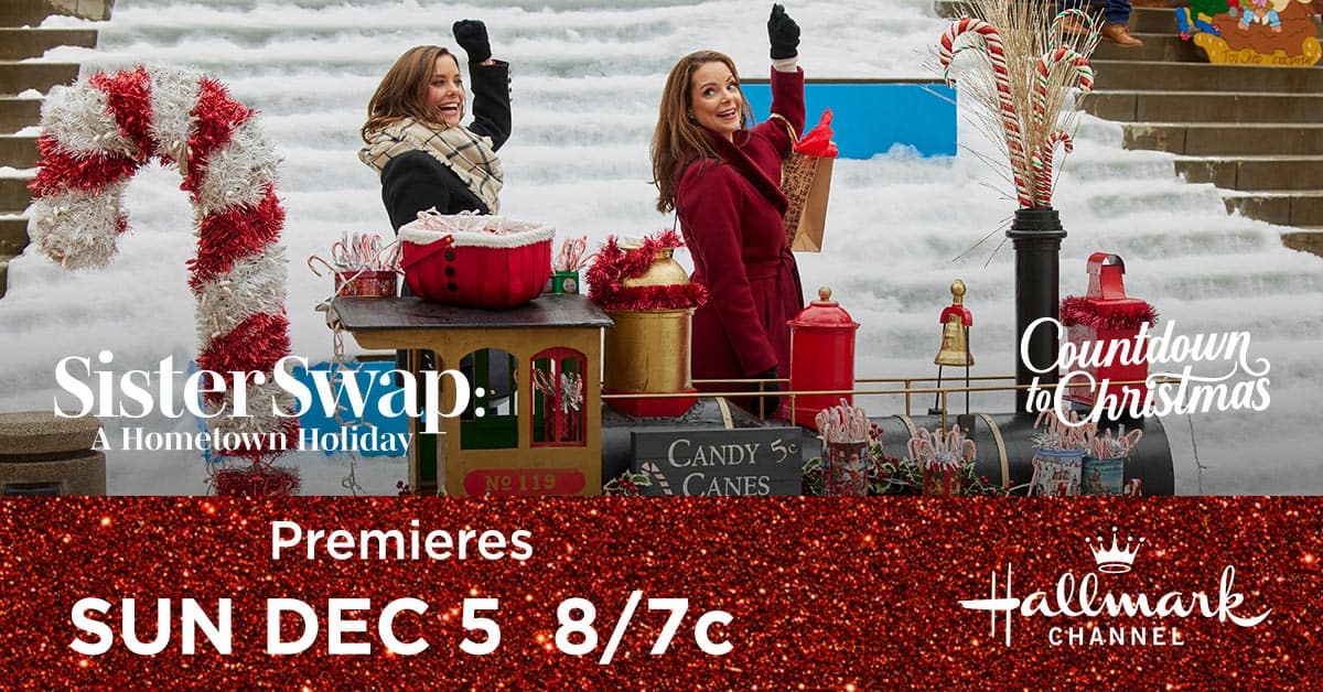 Promotional image for "Sister Swap: A Hometown Holiday" featuring two women decorating for the holidays.
