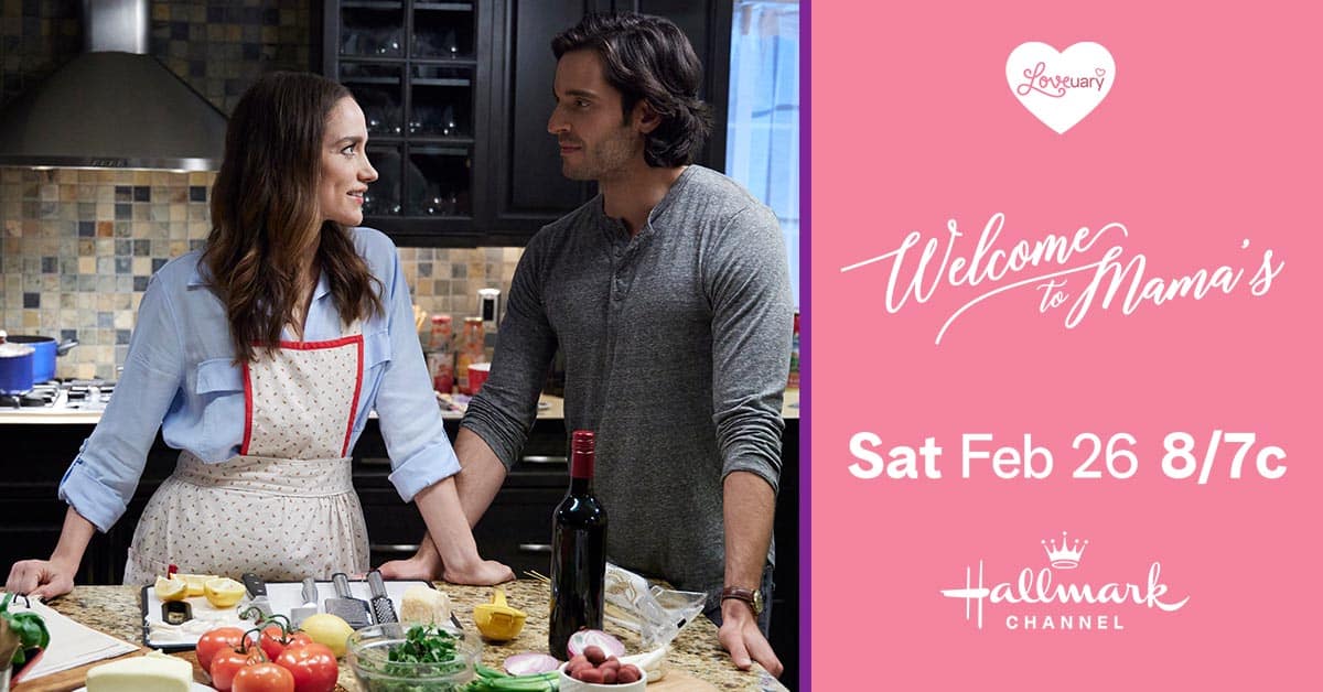 Two actors in a kitchen setting engage in a conversation, promoting the Hallmark Channel movie titled "Welcome to Mama's," airing on Saturday, February 26 at 8/7c.