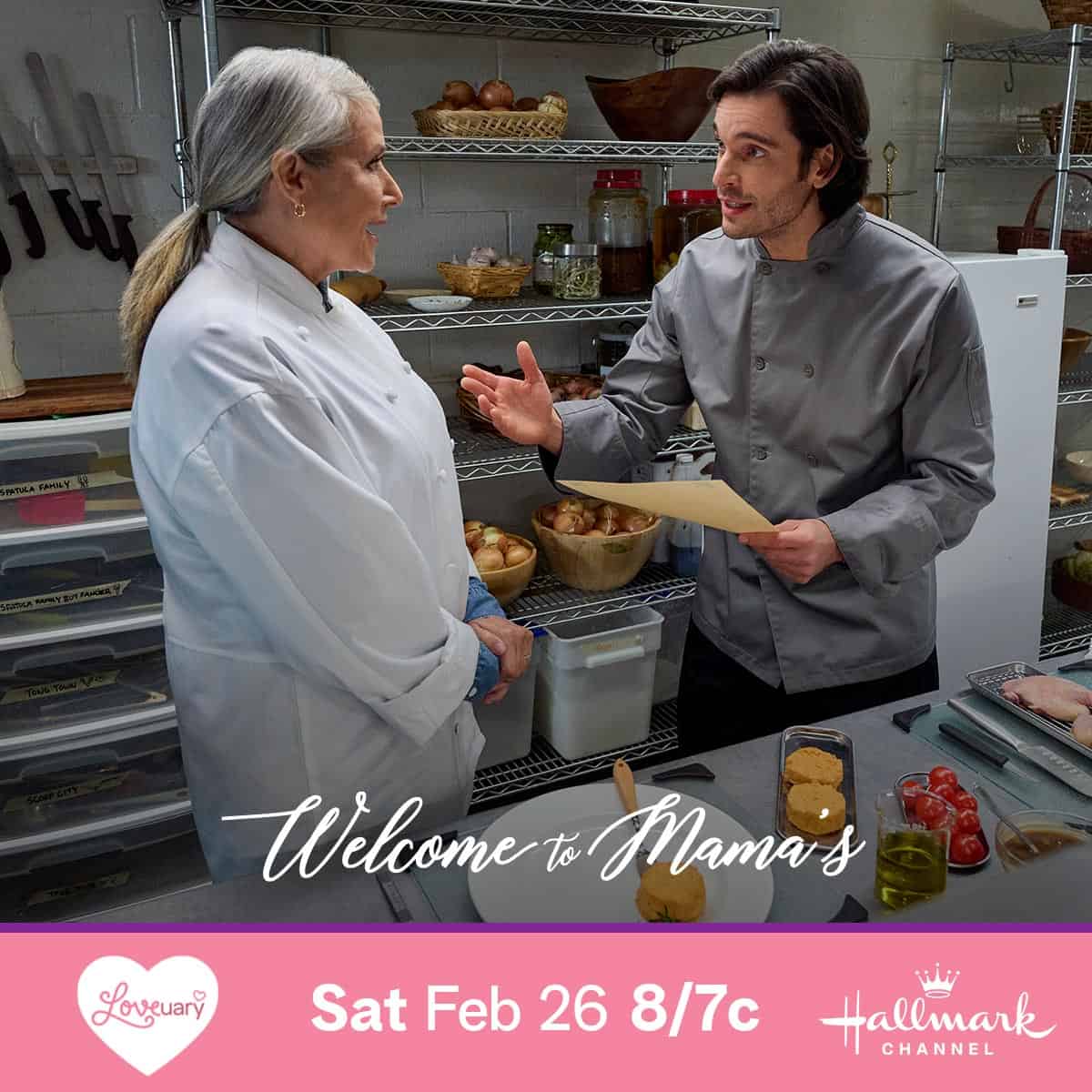 Two actors in chef's attire having a conversation in a kitchen set, promoting the Hallmark Channel movie "Welcome to Mama's.