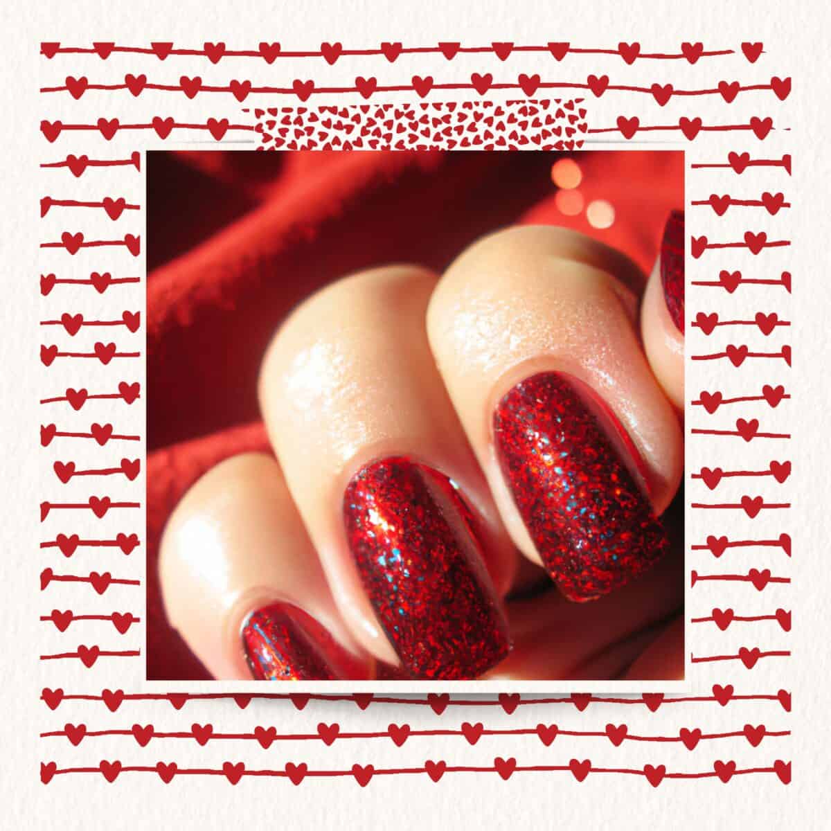 Red glittery manicure with a heart-themed border.
