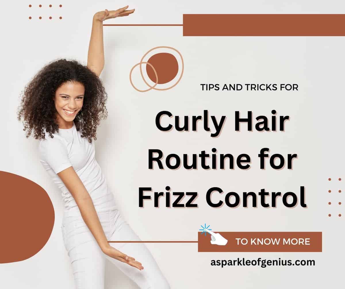 A smiling woman with curly hair gesturing towards text about a Curly Hair Routine for Frizz Control.