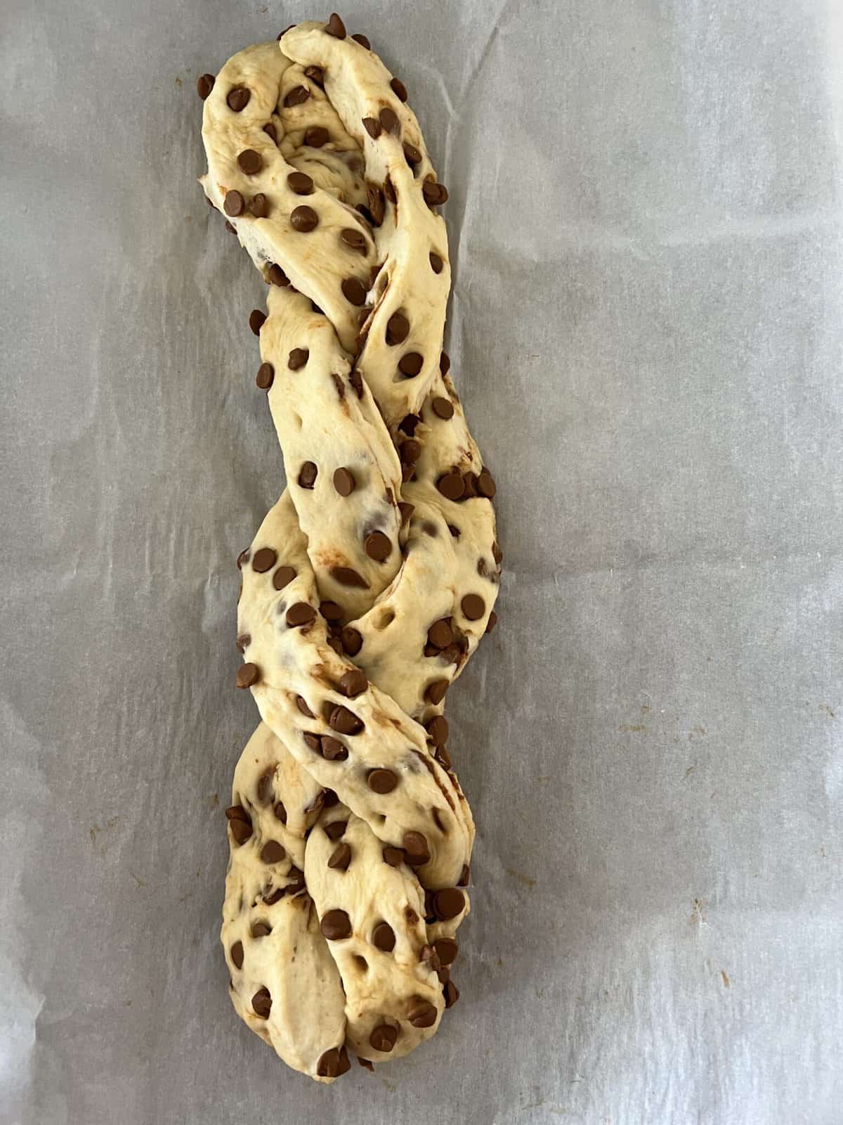 Uncooked breaded cinnamon chip bread.