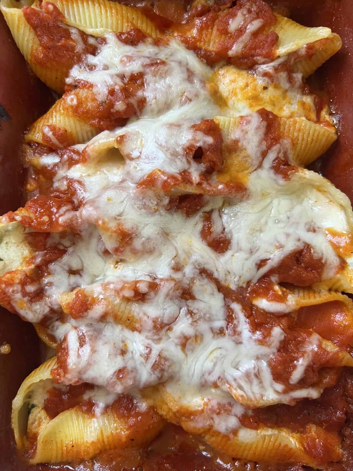 A delicious and comforting serving of stuffed shells in a red baking dish. The jumbo pasta shells are filled with a creamy mixture of ricotta cheese, Parmesan cheese, and herbs, then baked in a rich tomato sauce until hot and bubbly. The red baking dish adds a pop of color and makes for a beautiful presentation. This classic Italian dish is perfect for serving at a family gathering or enjoying as a cozy weeknight dinner.