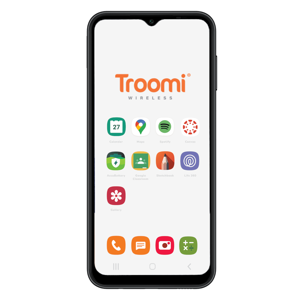 A smartphone displaying a colorful array of app icons on the home screen with the "Troomi Wireless" logo at the top, known as one of the best smartphones with parental controls for kids.