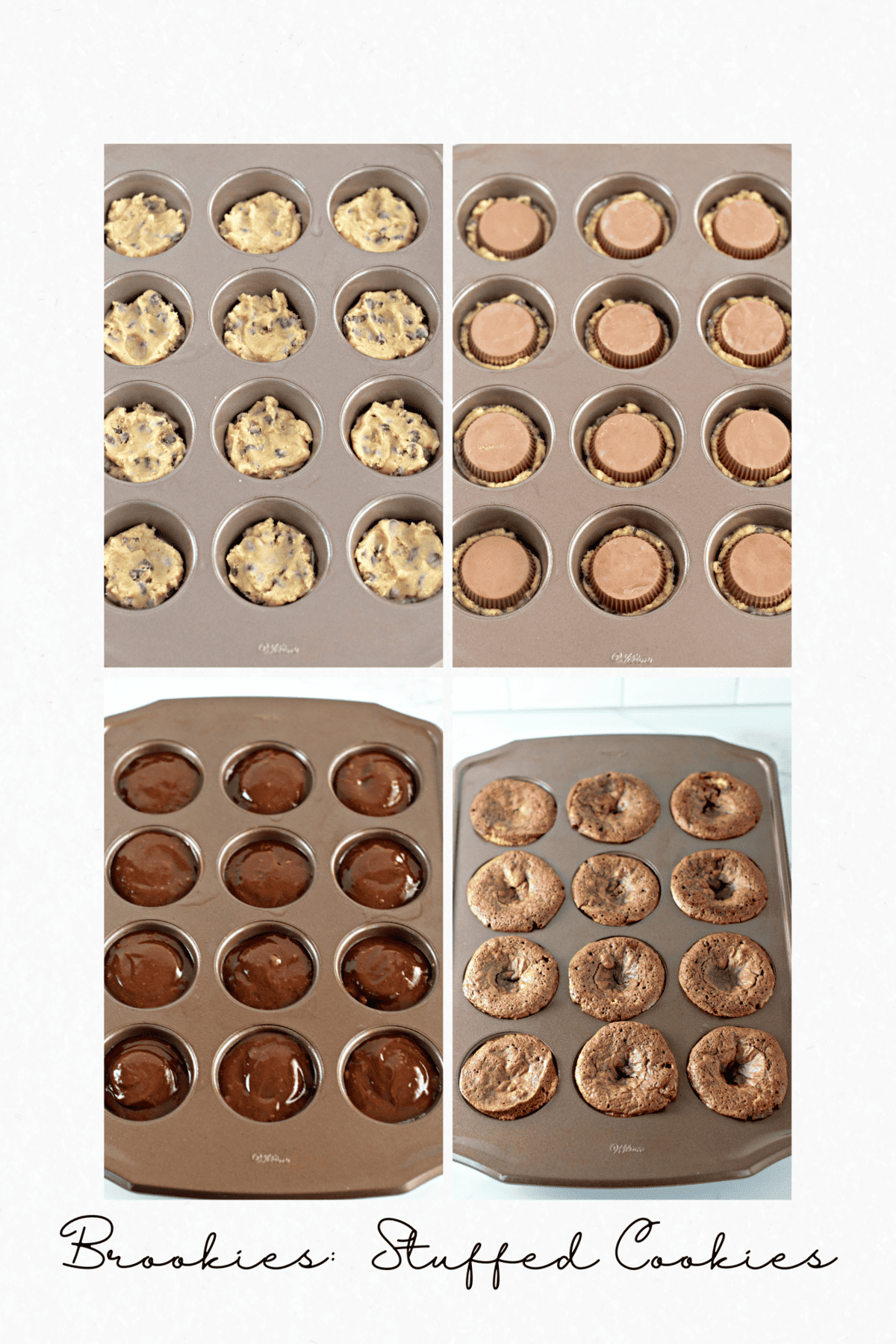 Four-step baking process of stuffed cookie recipes, from dough filling to baked brookies.