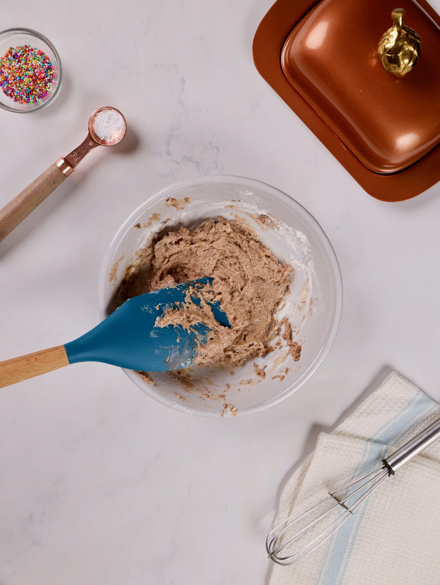 Mixing bowl filled with rich ingredients for batter.