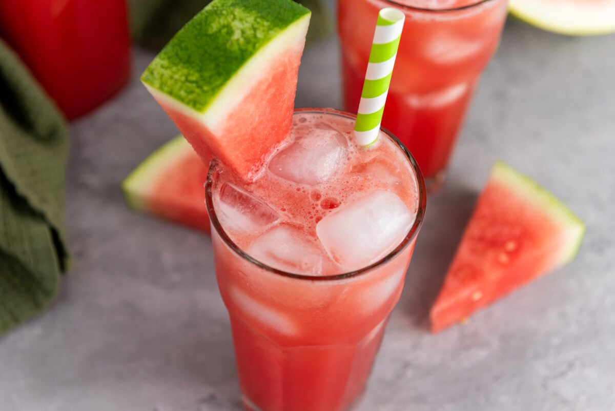 Close-up of a glass filled with vibrant watermelon juice