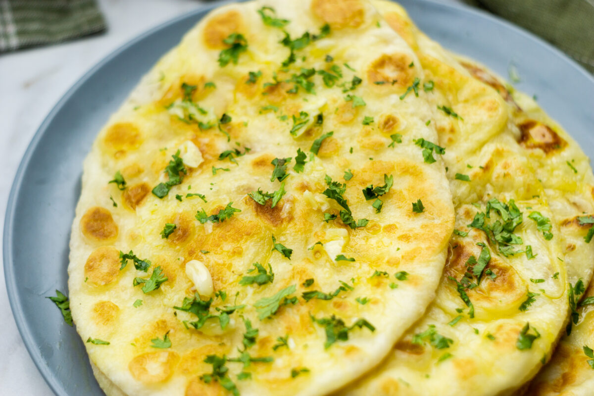 Close up of showing naan bread garlic seasonings.