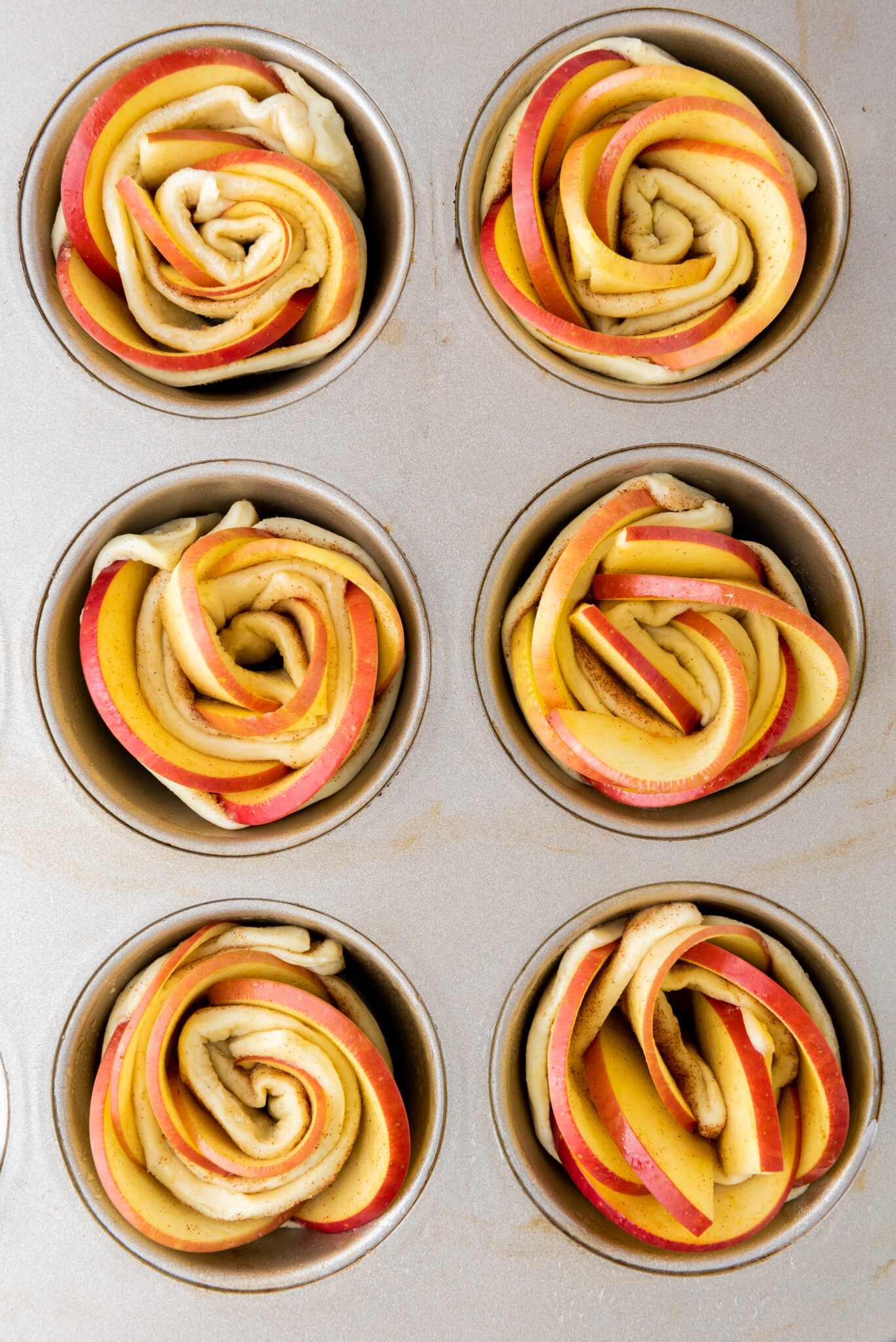 multiple baked apple roses already in the muffin tray.