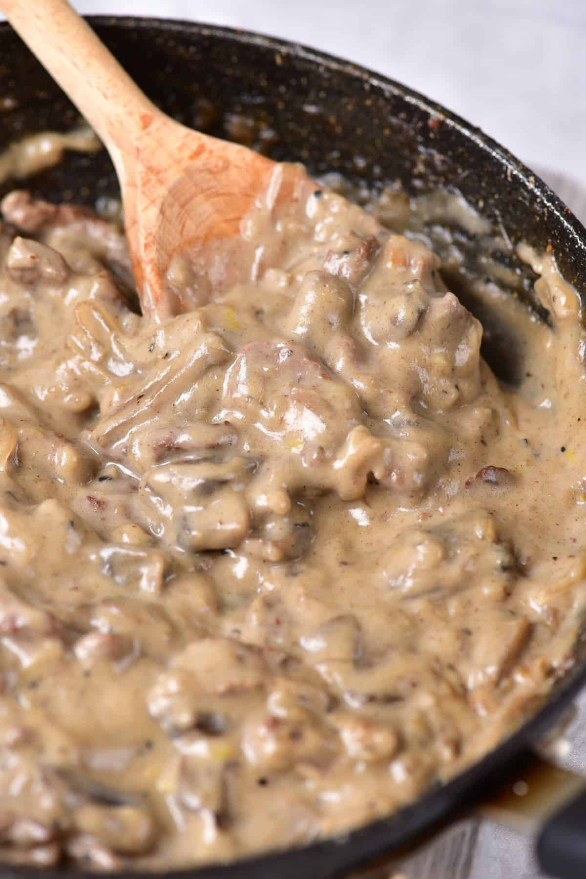 beef stroganoff in skillet
