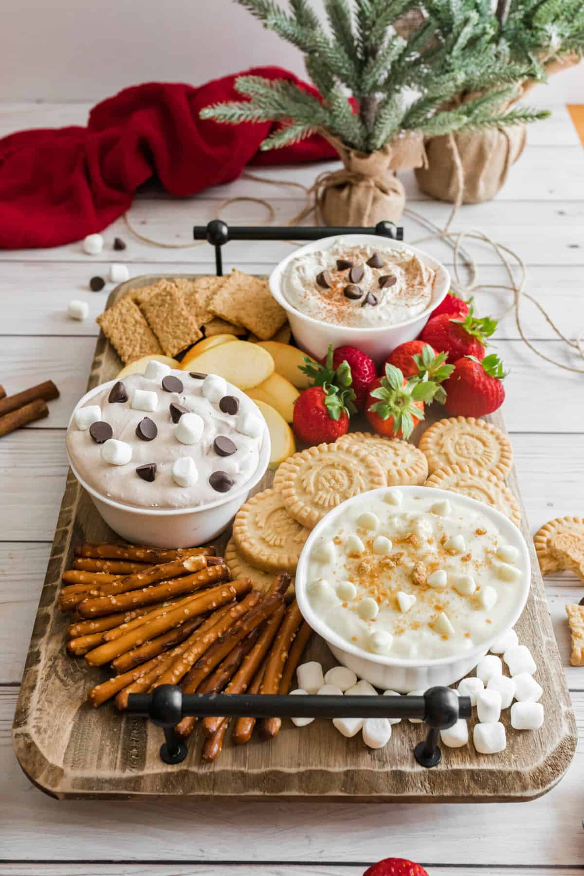charcuterie tray with three christmas dip recipes