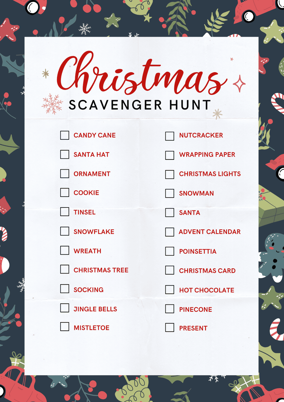 A Christmas scavenger hunt printable checklist with various holiday items to find, set against a festive background.