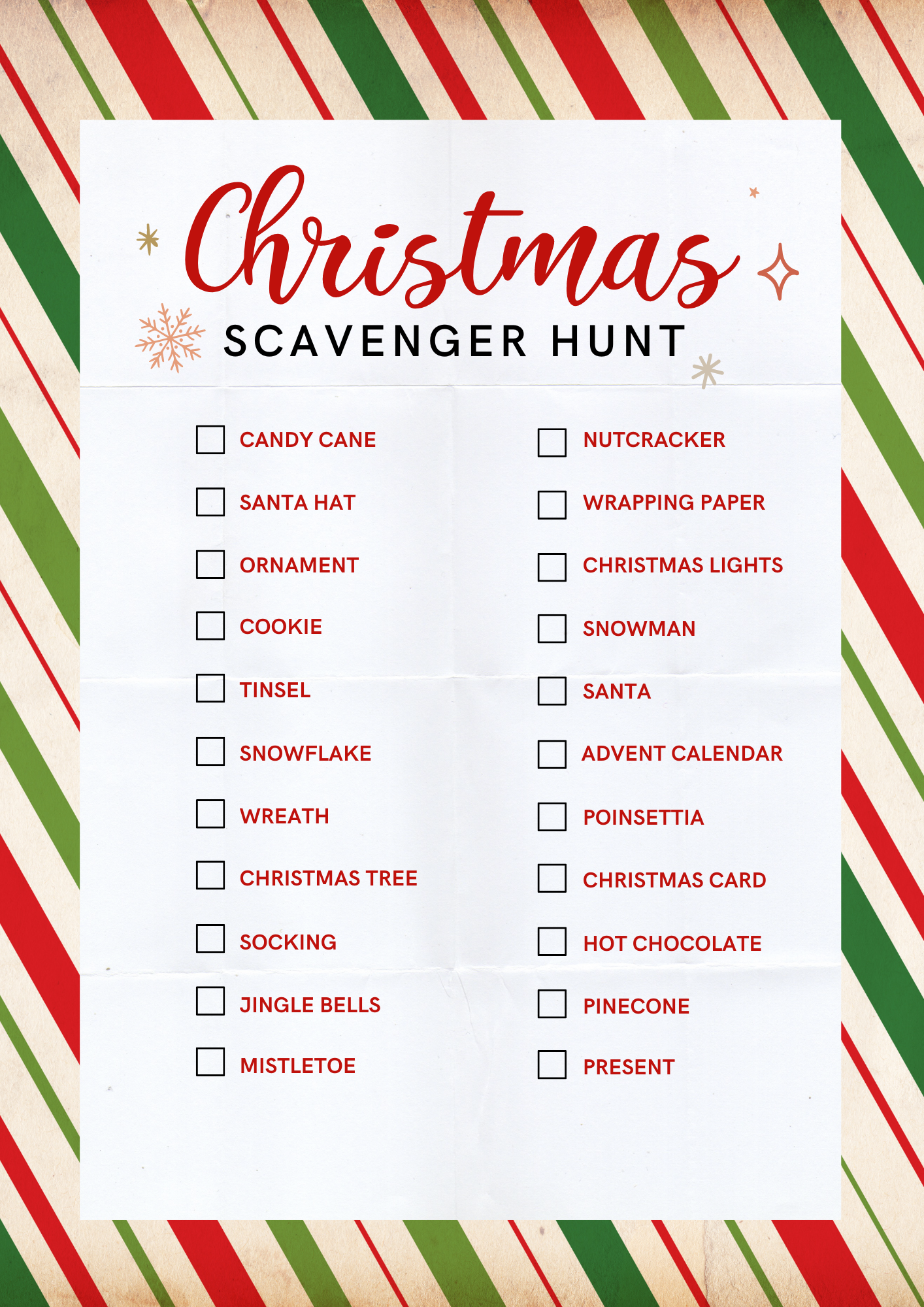 A festive Christmas scavenger hunt printable checklist with various holiday-themed items to find.