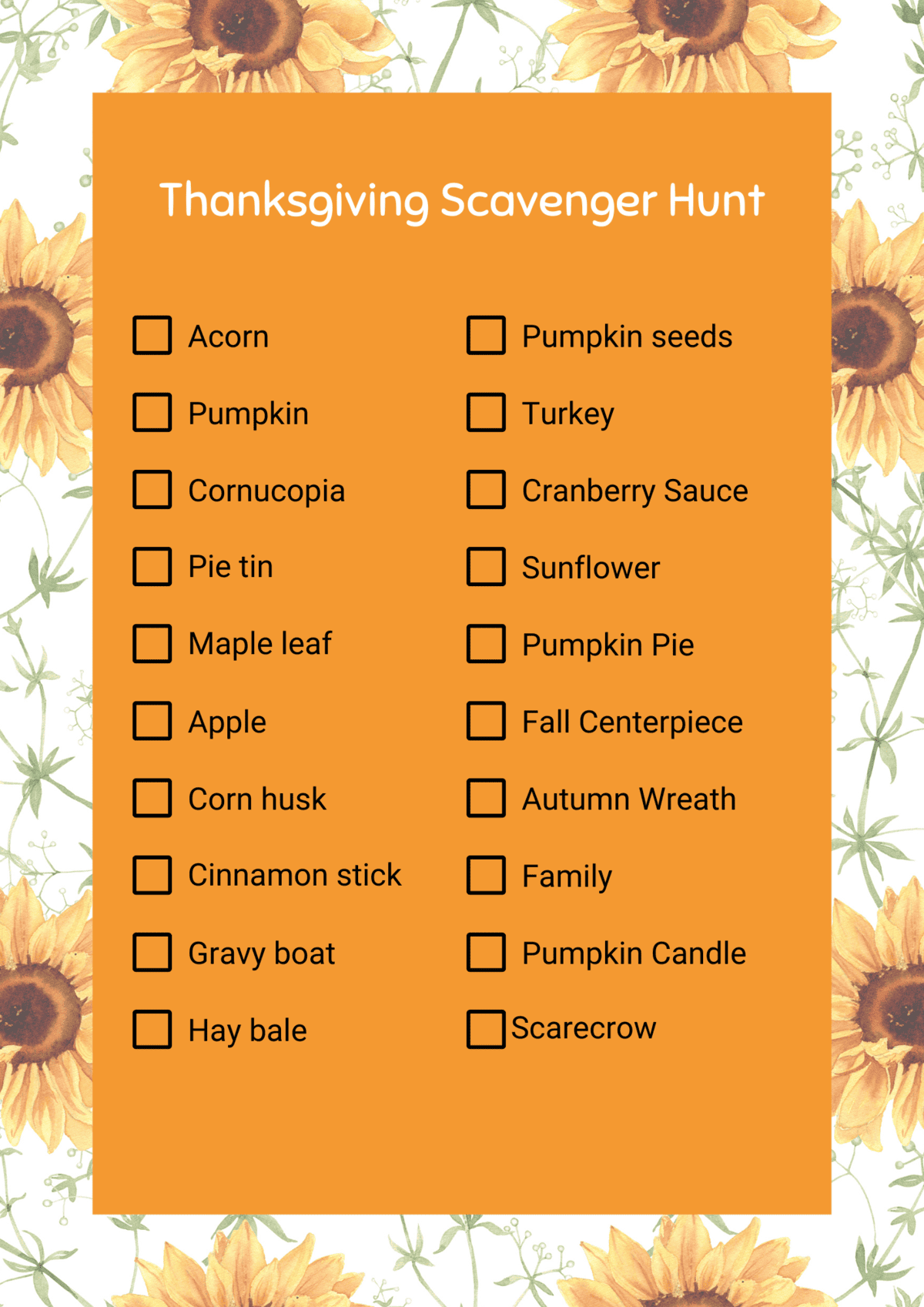 Printable Thanksgiving-themed scavenger hunt checklist with floral and autumn leaf border.