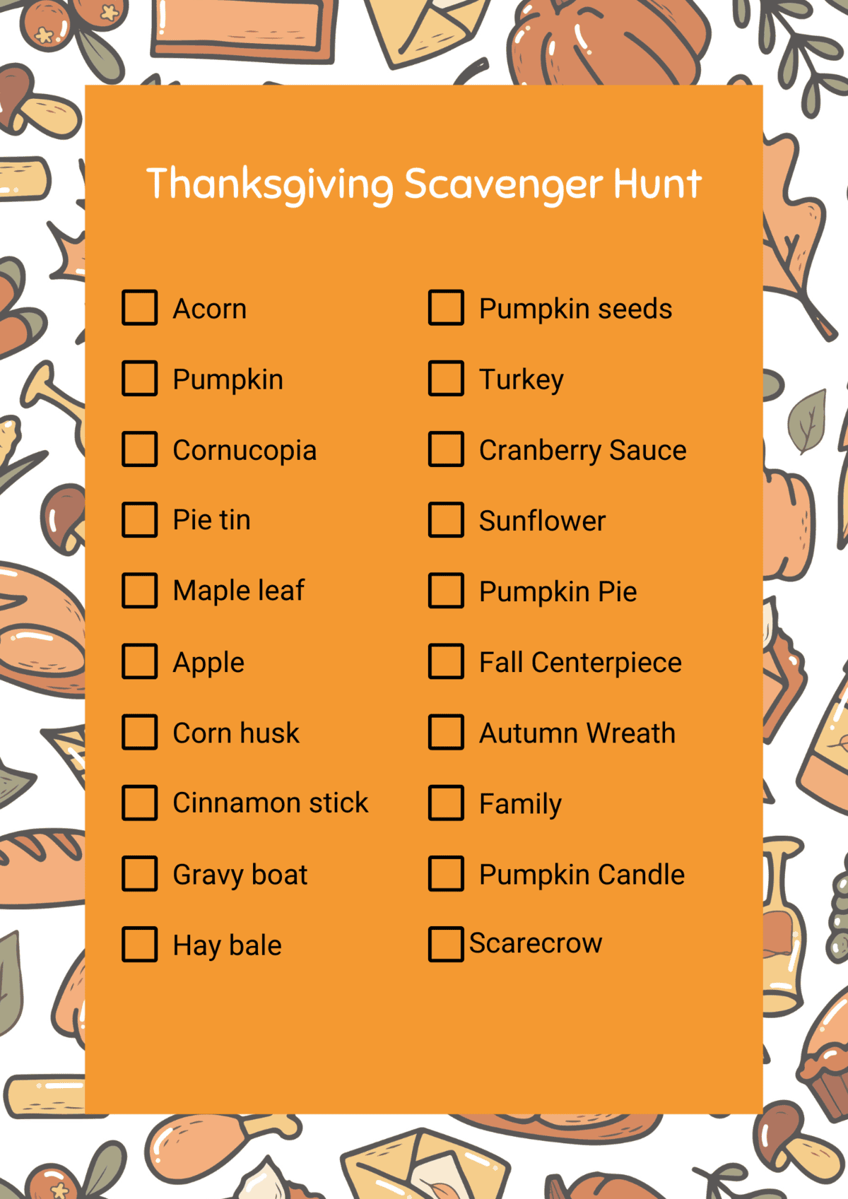 Printable Thanksgiving-themed scavenger hunt list with an illustrated border.
