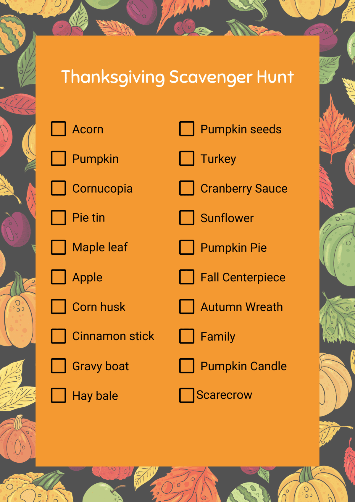 A colorful, printable thanksgiving scavenger hunt checklist with fall-themed items.