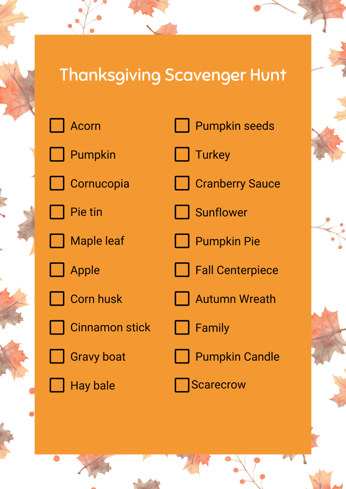 A printable Thanksgiving-themed scavenger hunt checklist surrounded by autumn leaves.