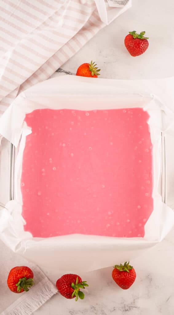 strawberry fudge in a square pan