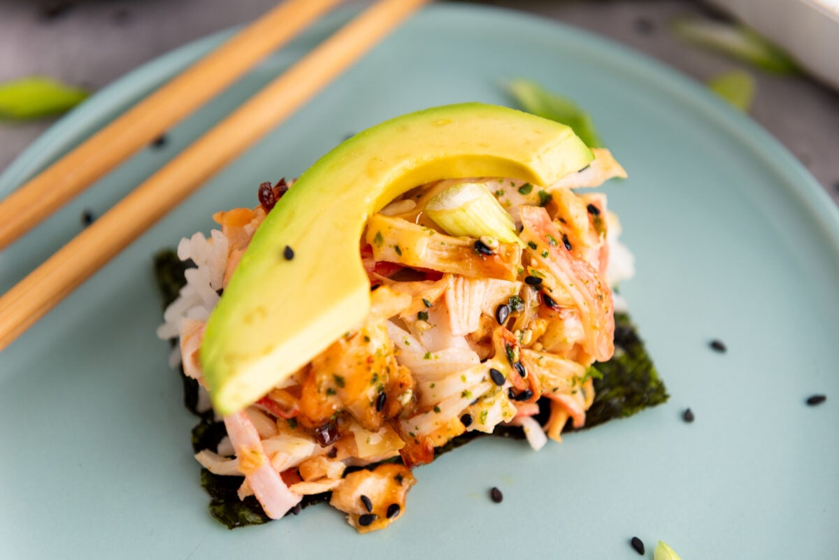 Plated sushi bake piece on a white plate, showcasing the layered inside.