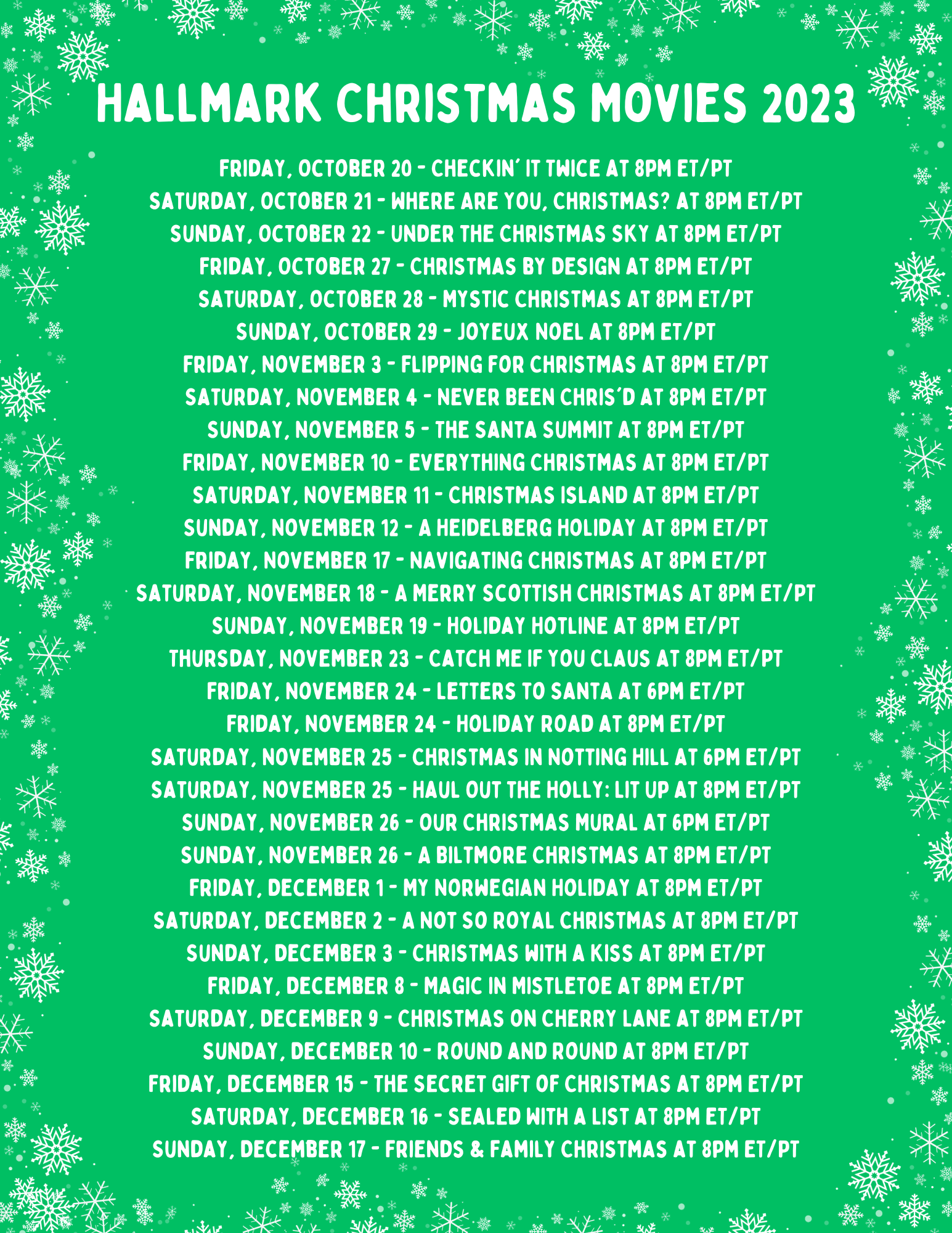 Printable list of all Hallmark Christmas Movies 2023 A Sparkle of Genius List Of Hallmark Christmas Movies