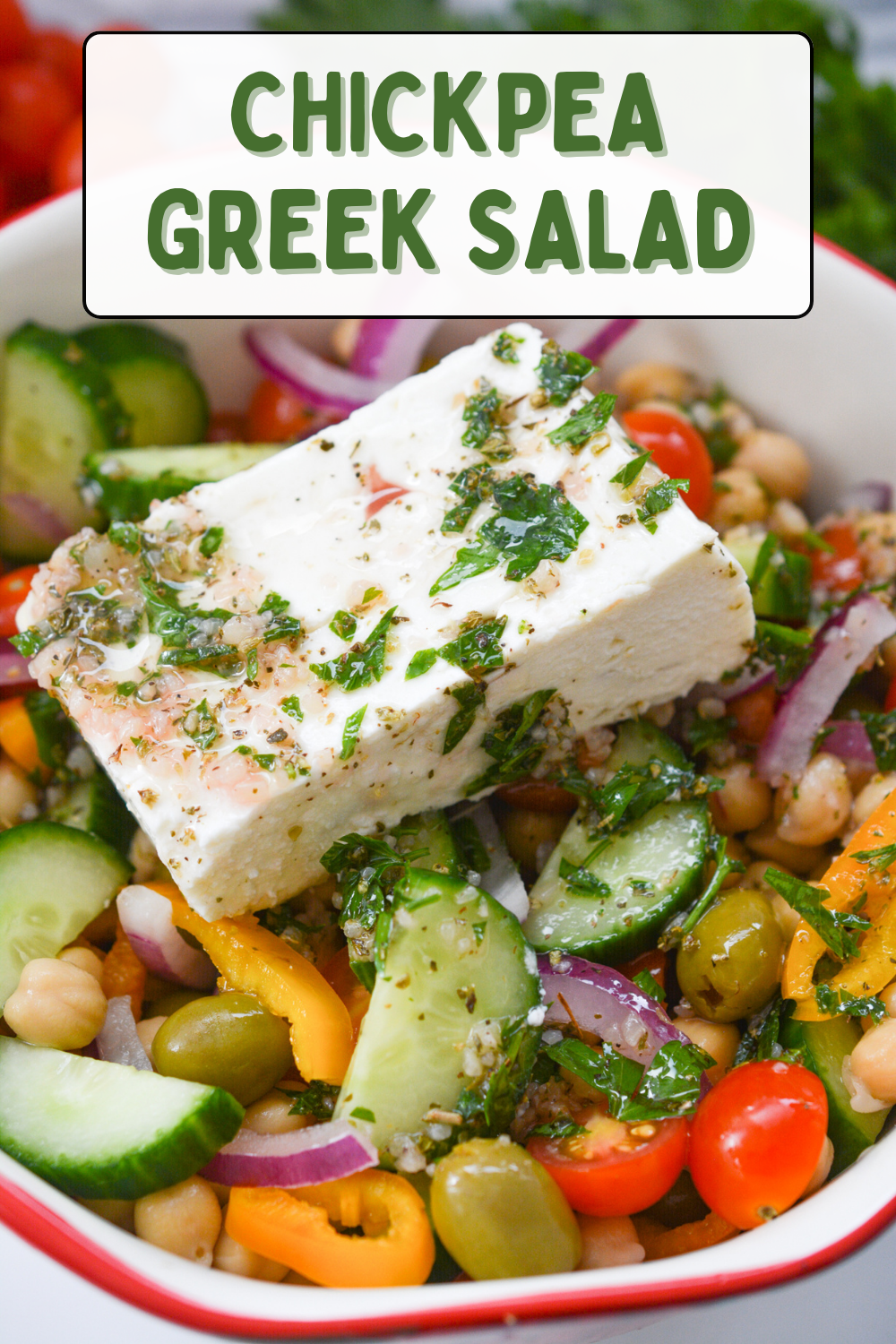 A mouthwatering image of a Greek chickpea salad, featuring vibrant vegetables, feta cheese, and a flavorful dressing, served in a bowl.