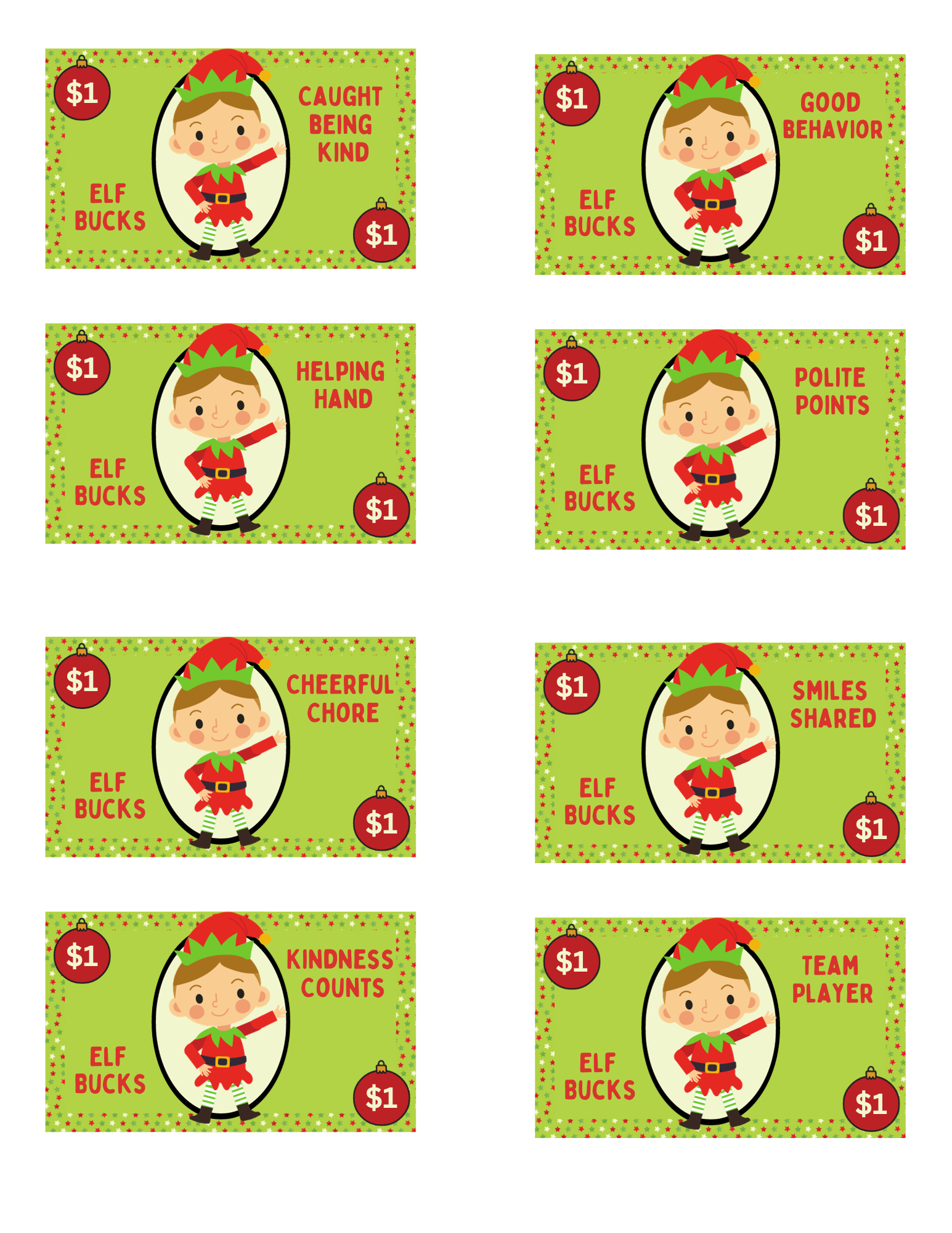 A visual representation of 'Elf Good Behavior Bucks,' a fun incentive program using play money decorated with cheerful elf and holiday motifs.