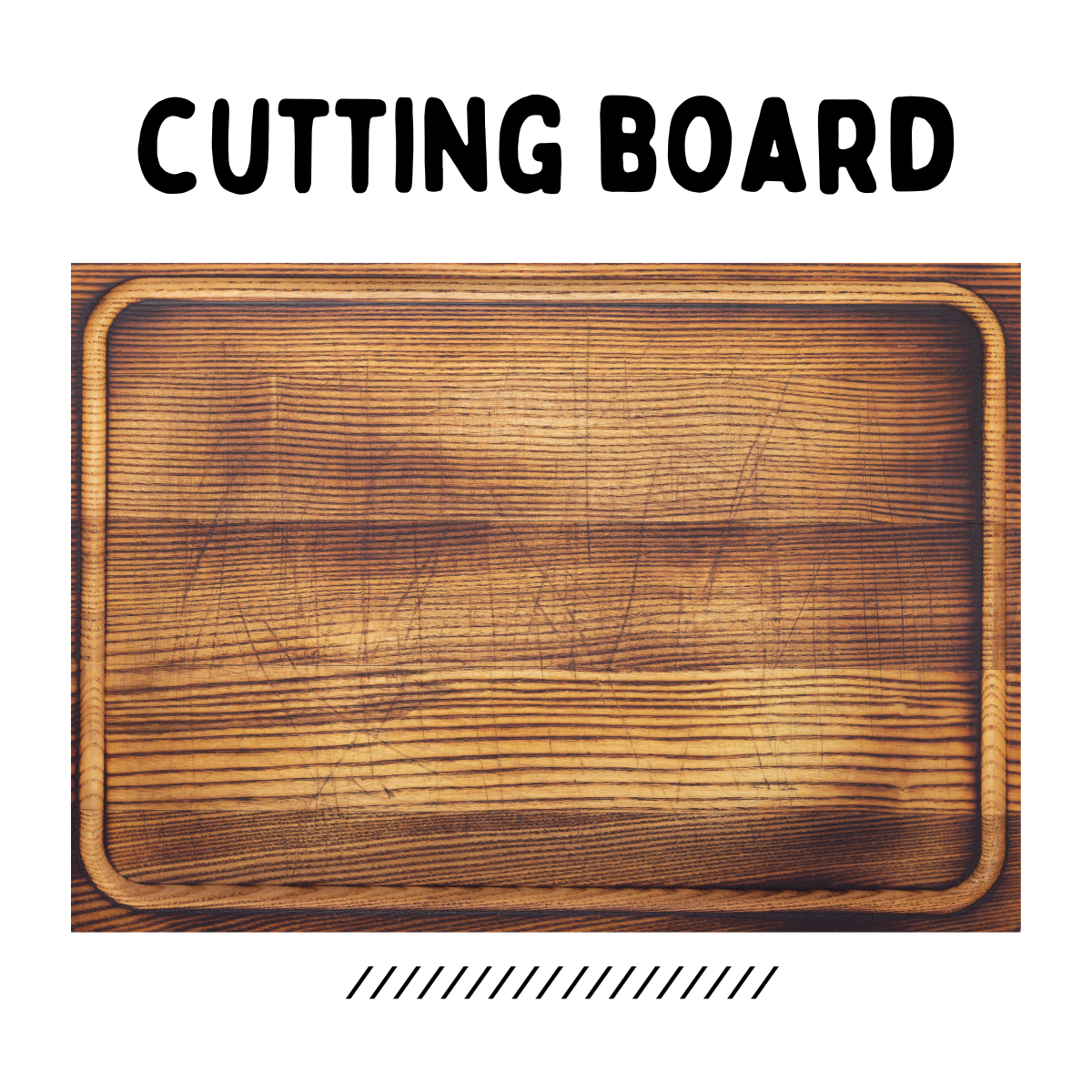 An empty wooden cutting board, clean and ready for food preparation or presentation.