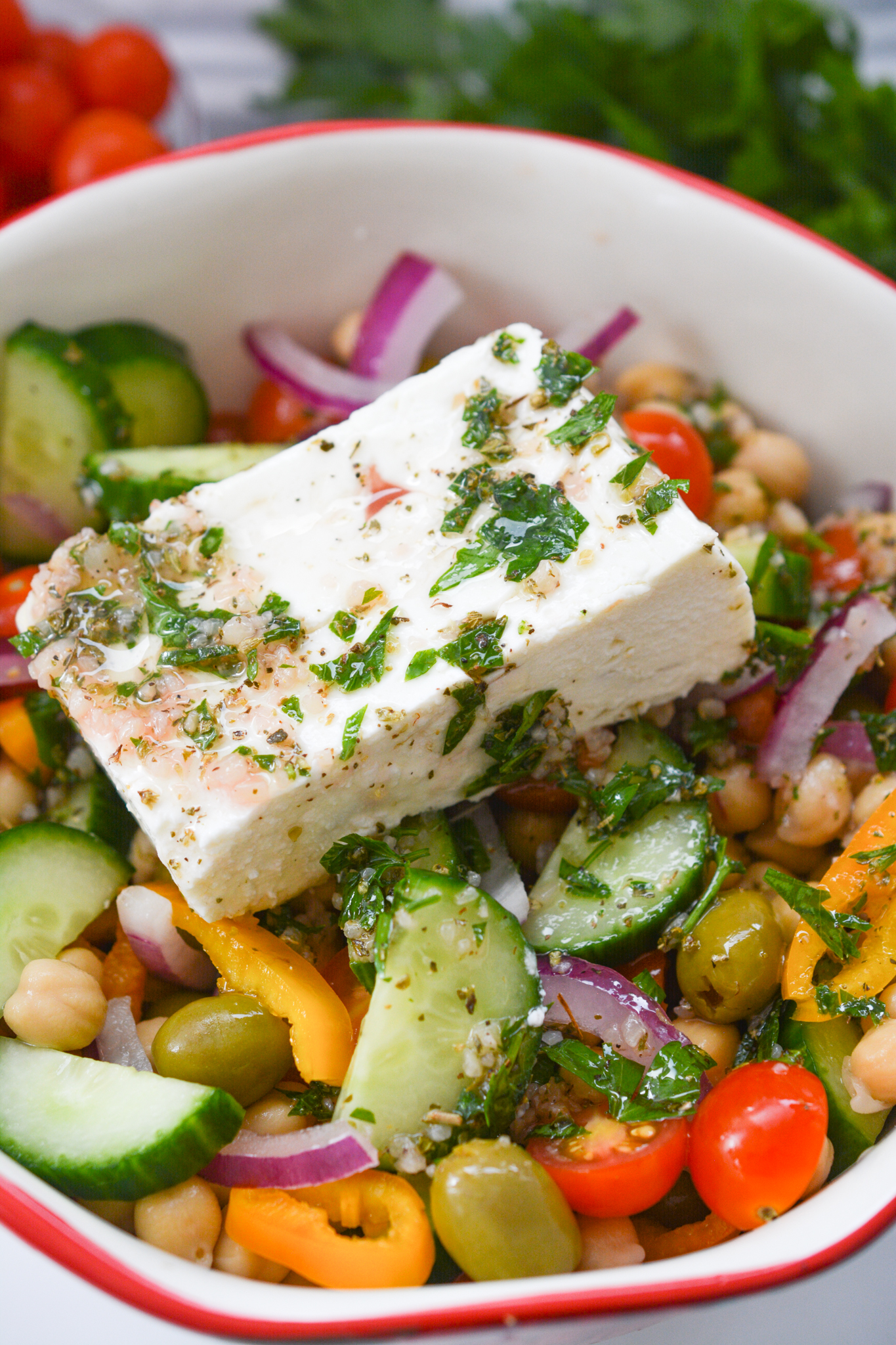 easy Chickpea Greek Salad in a bowl