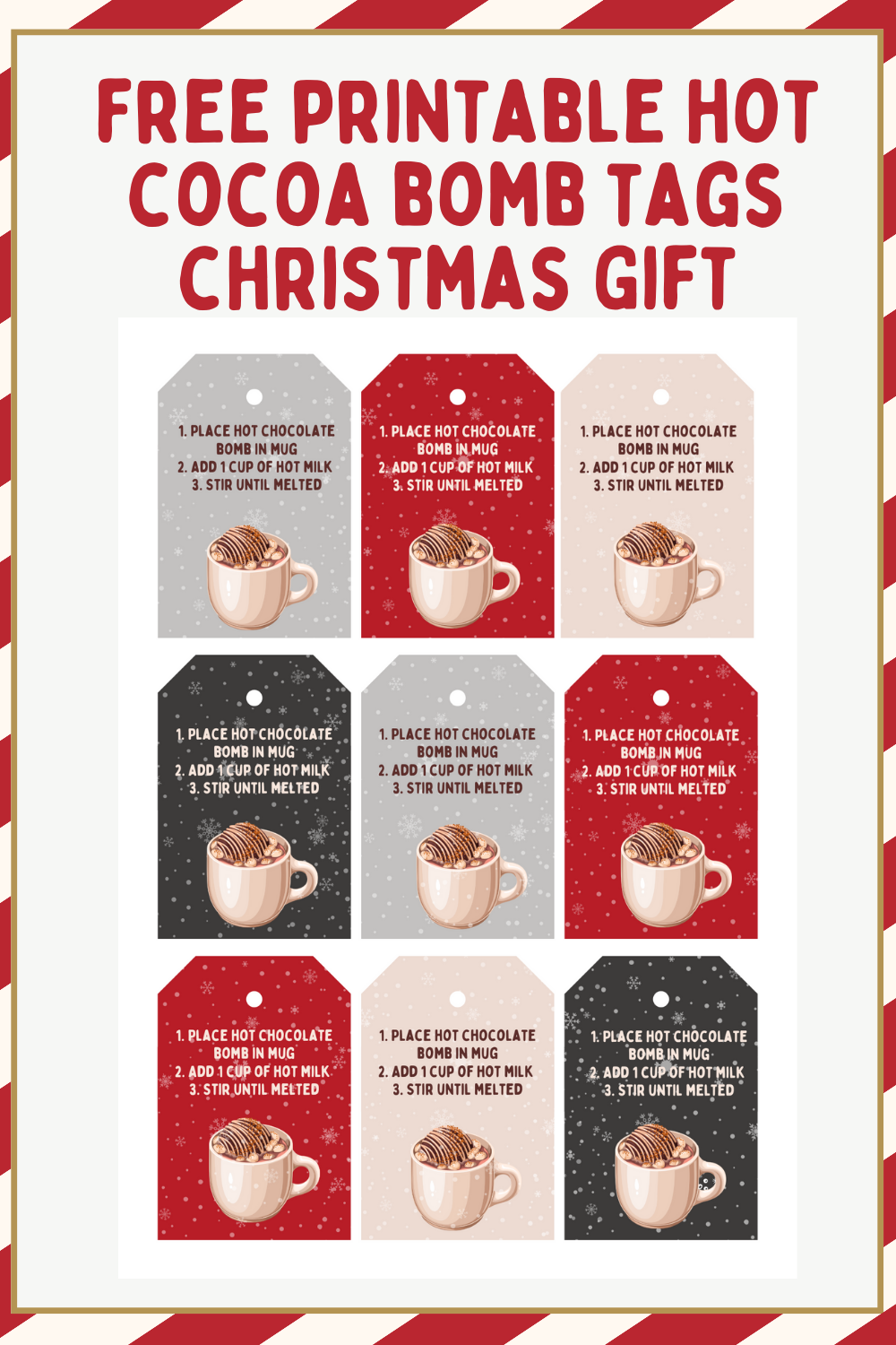 An image of printable gift tag sheets designed to be added to hot cocoa bombs, enhancing their presentation and making them perfect for gifting during the holiday season.