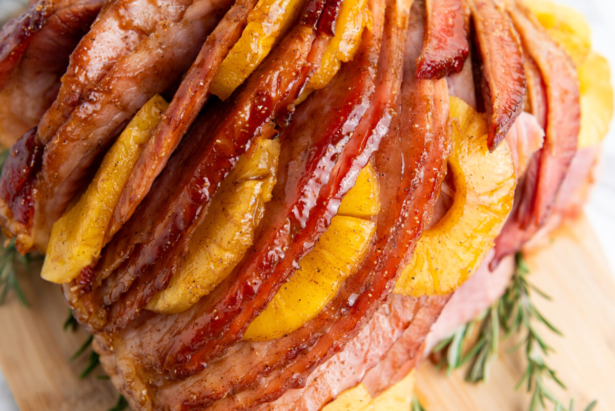 closeup of ham with best pineapple brown sugar glaze