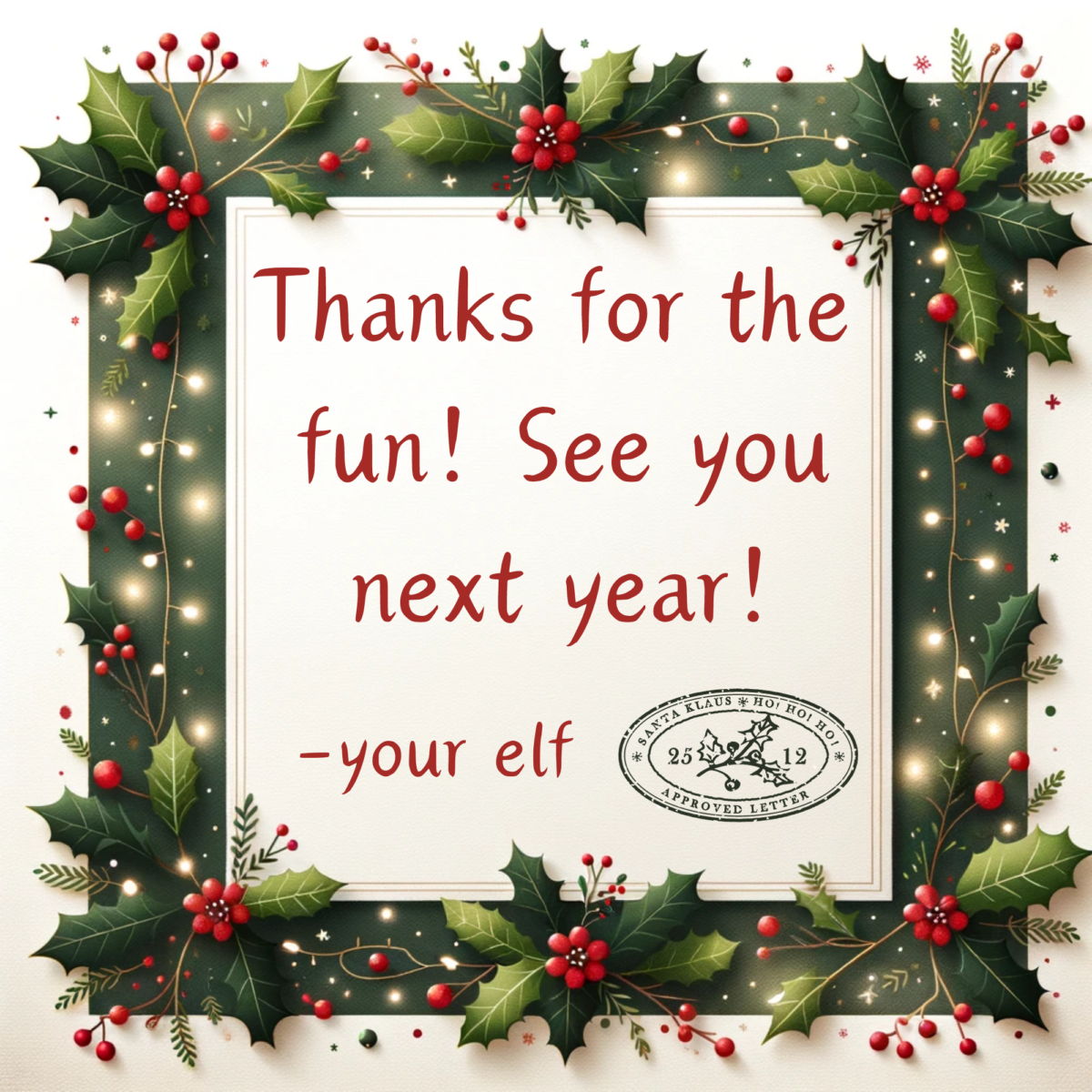 A printable image with the text 'Elf See You Next Year,' perfect for holiday decorations and reminiscing about festive moments.